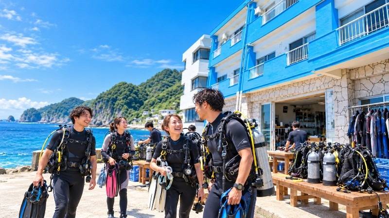 ダイバーが水中でハンドシグナルを交わしている様子